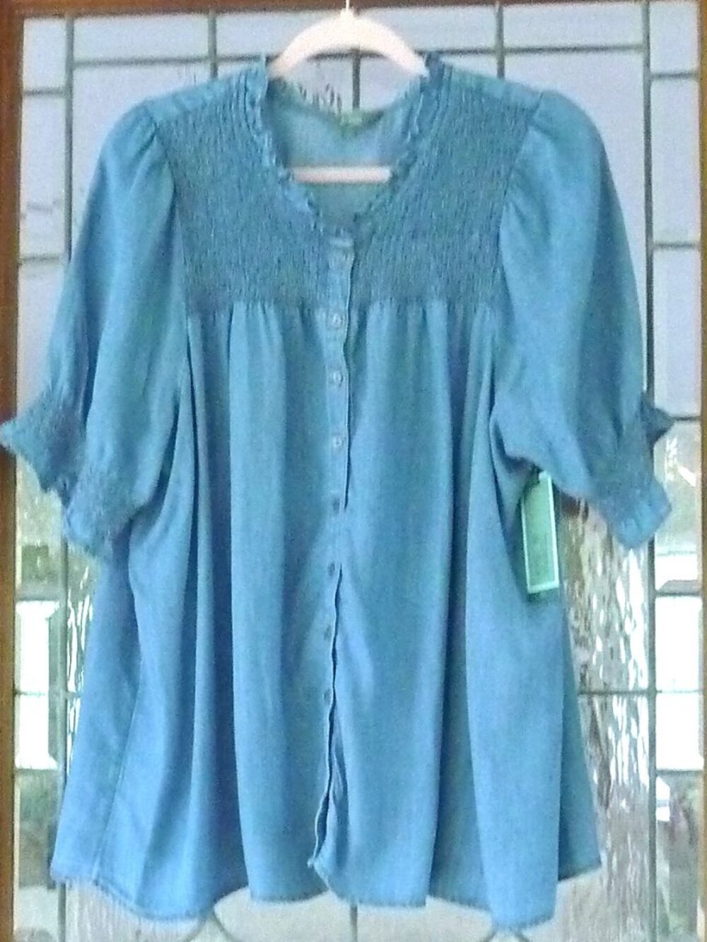 TERRA & SKY SIZE 1X CHAMBRAY/LYOCELL BLOUSE